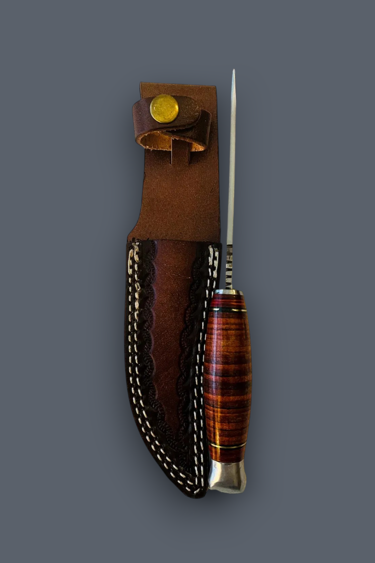 A fixed-blade knife with a striped reddish-brown wooden handle and silver metal blade, shown next to its brown leather sheath with white stitching and a brass snap, on a solid dark gray background.