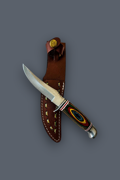 A fixed-blade knife with a silver blade and a colorful handle, displayed diagonally next to its brown leather sheath on a solid dark gray background.