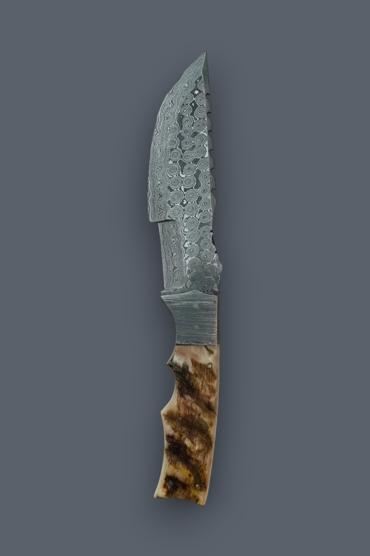 A fixed-blade knife with a patterned steel blade and a brown and beige bone or horn handle, shown vertically against a solid dark gray background.