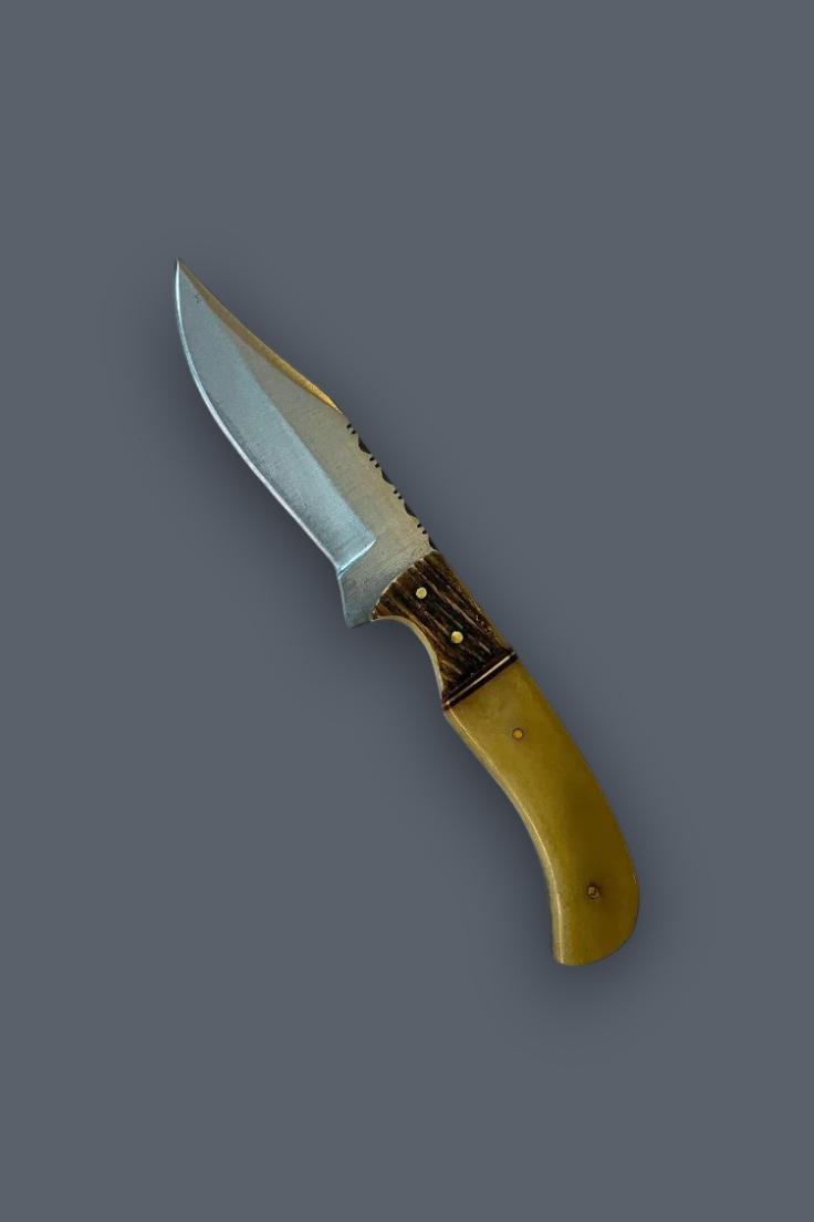 A fixed-blade knife with a silver steel blade and a curved handle made of natural brown bone and dark wood, shown on a solid dark gray background.