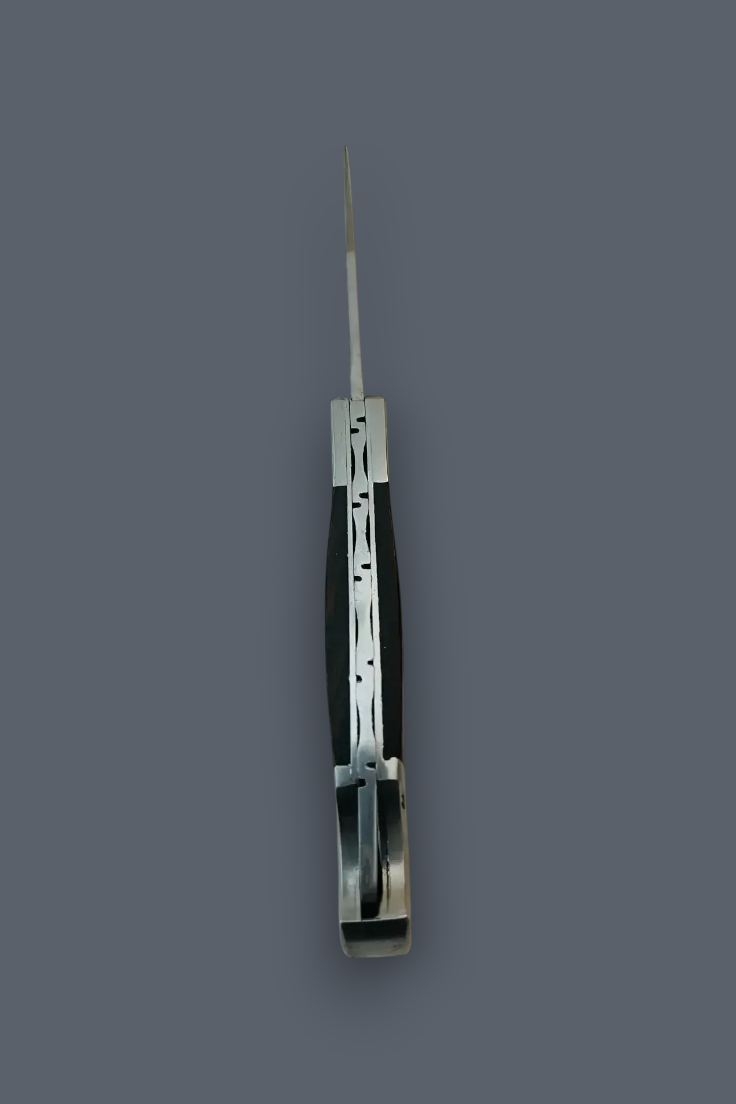 A folding pocket knife with a black handle and silver metal components, shown partially open against a solid dark gray background.
