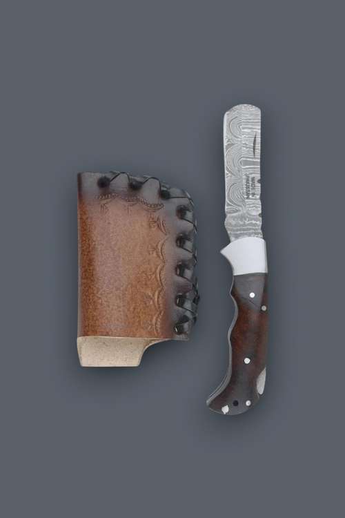 A fixed-blade knife with a patterned steel blade, dark brown wood handle, and silver rivets, shown next to its brown leather sheath on a solid dark gray background.