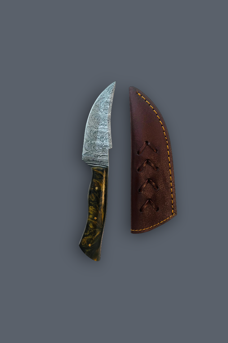A fixed-blade knife with a patterned steel blade, a dark marbled handle, and a brown leather sheath, displayed side-by-side on a solid dark gray background.