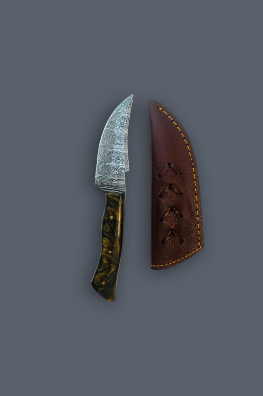 A fixed-blade knife with a patterned steel blade, a dark marbled handle, and a brown leather sheath, displayed side-by-side on a solid dark gray background.