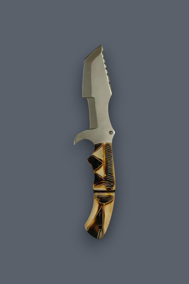 A fixed-blade knife with a silver-toned metal blade and a decorative handle made of alternating dark and light brown wood sections, shown against a solid dark gray background.