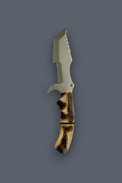A fixed-blade knife with a silver-toned metal blade and a decorative handle made of alternating dark and light brown wood sections, shown against a solid dark gray background.