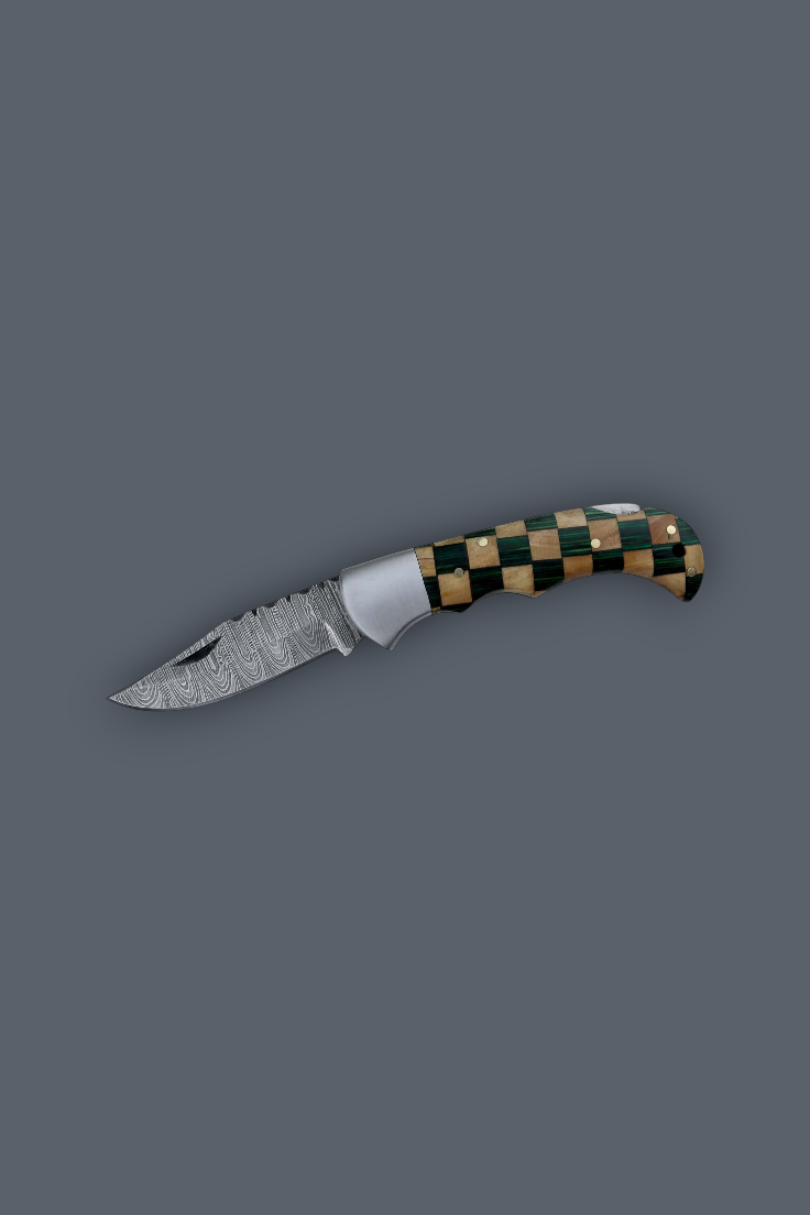 A pocket knife with a patterned green and beige checkered handle and a textured silver blade, shown on a solid dark gray background.