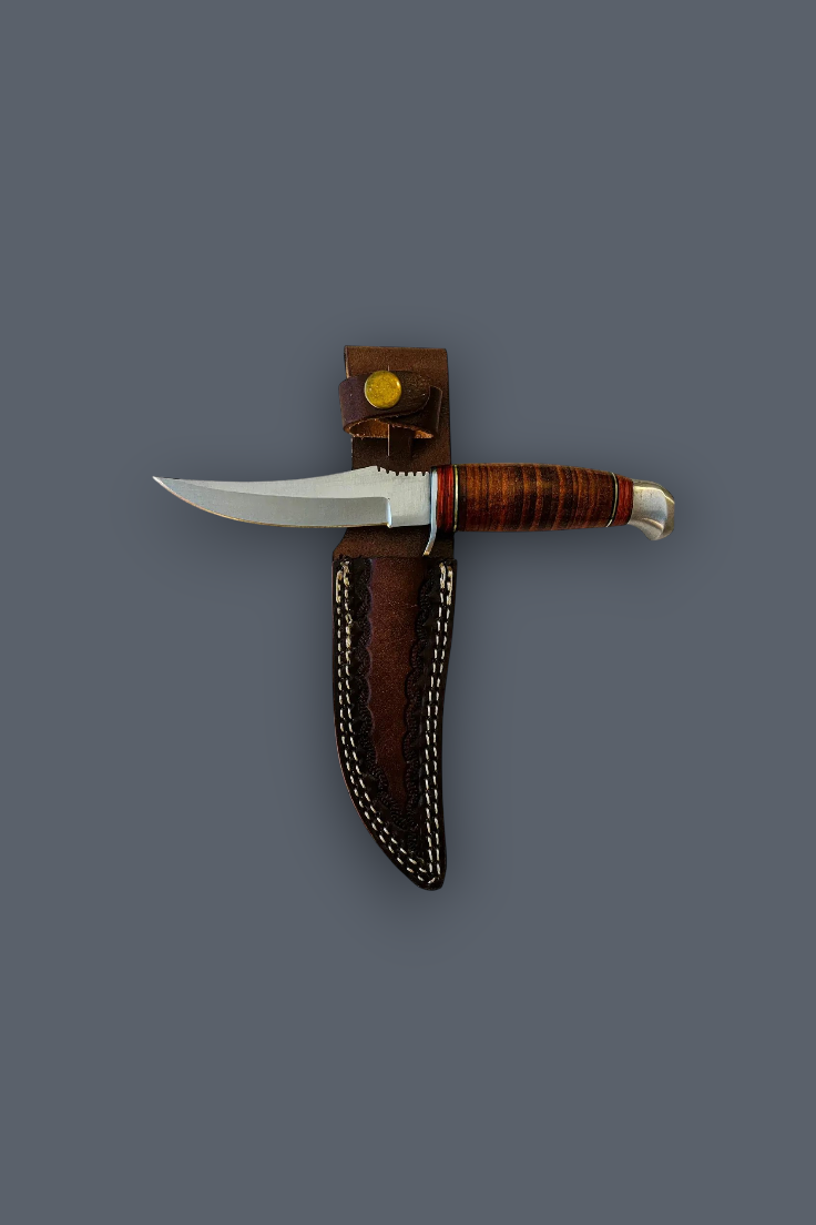 A fixed-blade knife with a silver blade and a brown striped handle, shown alongside a brown leather sheath on a solid dark gray background.