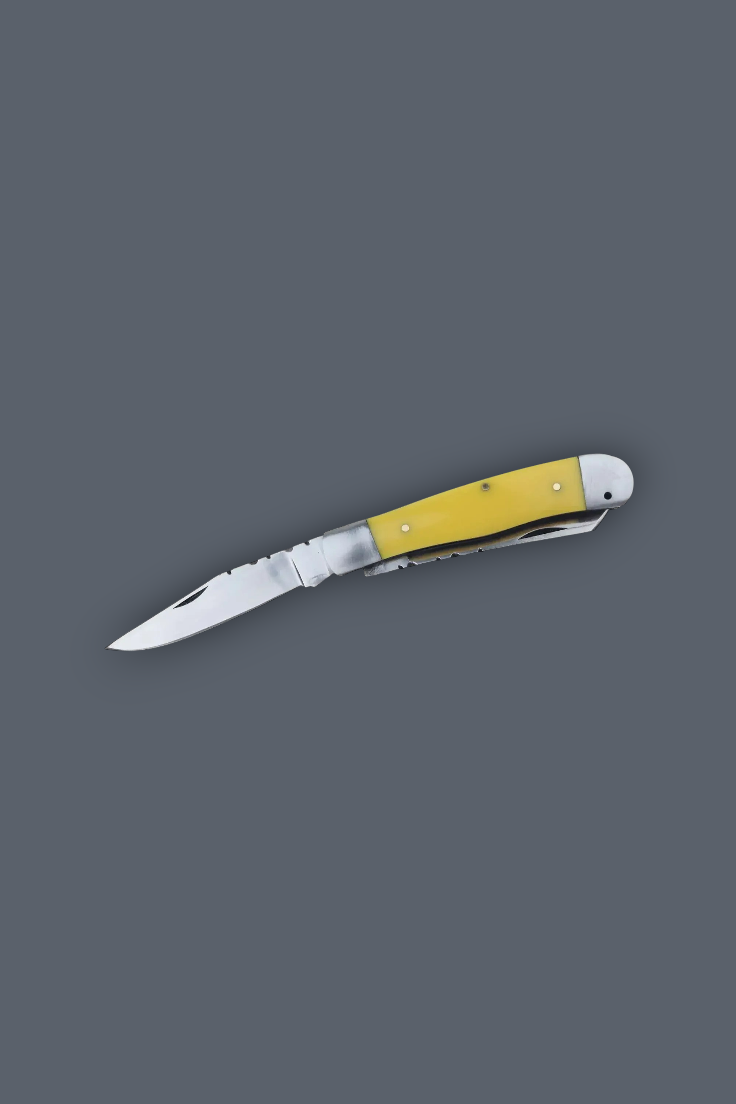 A classic folding pocket knife with a bright yellow handle and a silver stainless steel blade, shown open against a solid dark gray background.