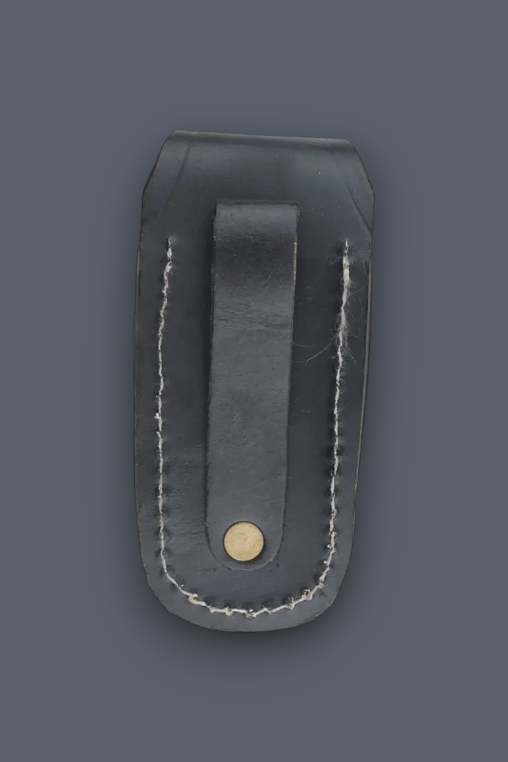 A dark gray leather belt clip with white contrast stitching and a brass snap button, shown on a solid dark gray background.