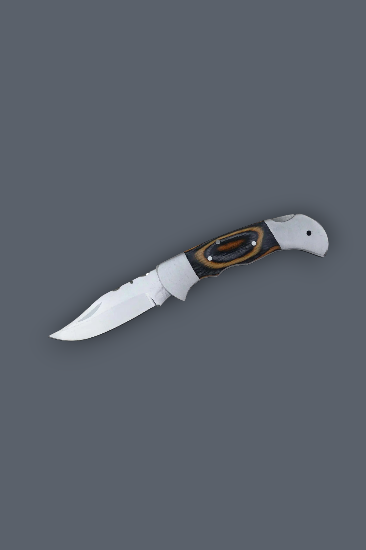 A folding pocket knife with a silver-colored blade and a handle made of brown and black wood grain, shown on a solid dark gray background.
