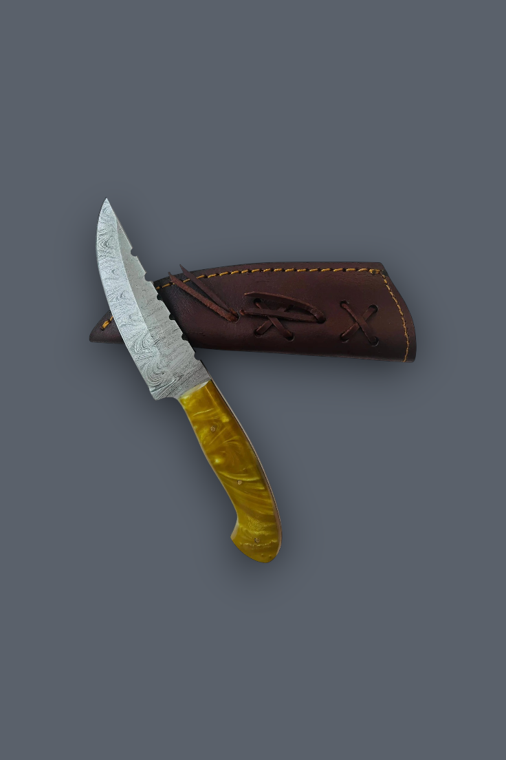 A fixed-blade knife with a patterned steel blade and a yellow marbled handle, shown next to a brown leather sheath on a solid dark gray background.