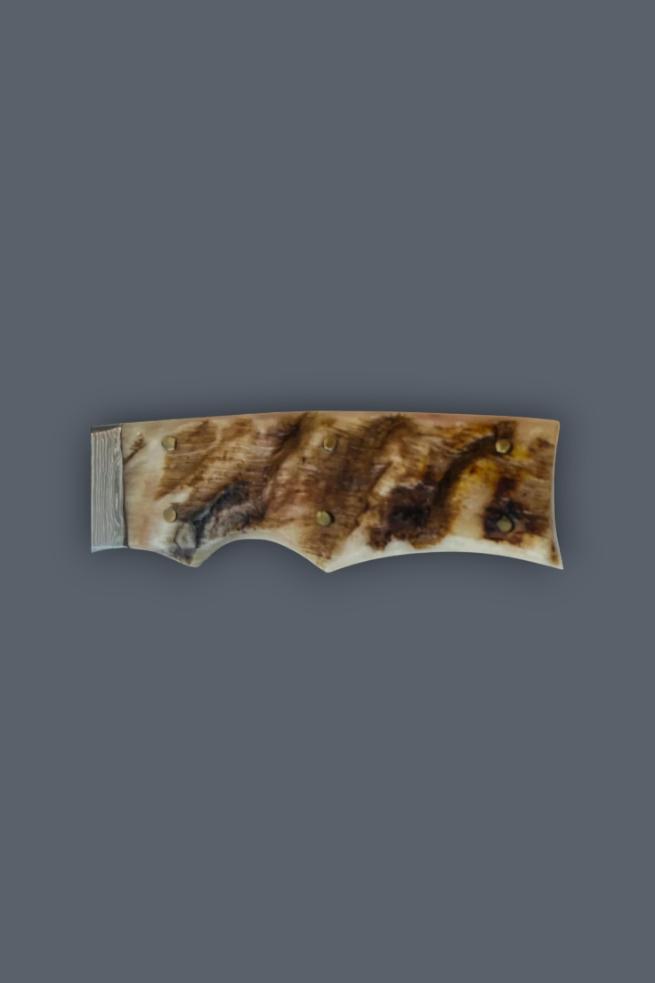 A single curved handle made of natural bone or horn with a marbled brown, beige, and cream pattern, photographed against a solid dark gray background.