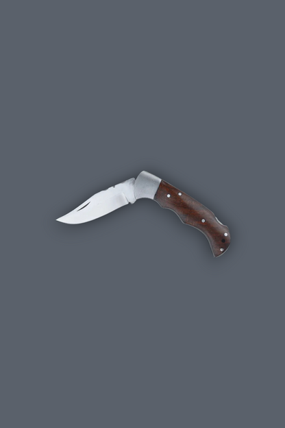 A classic folding pocket knife with a silver stainless steel blade and a brown wooden handle, displayed against a solid dark gray background.