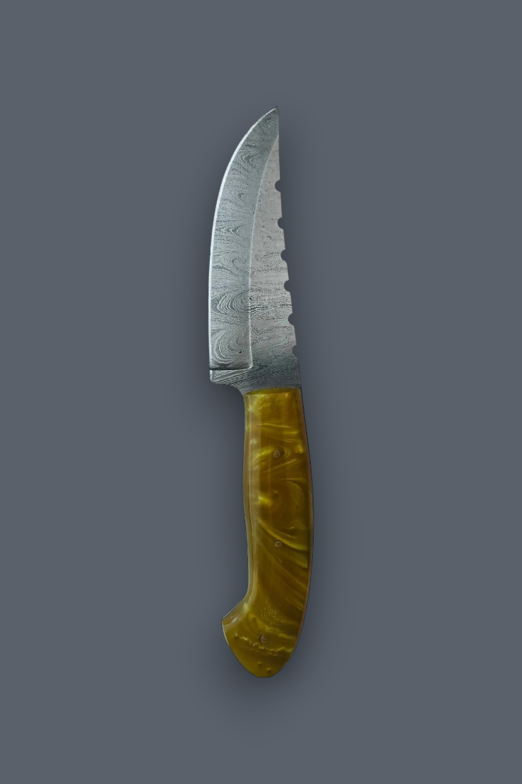 A custom knife with a patterned Damascus steel blade and a marbled amber-brown handle, shown vertically against a solid dark gray background.