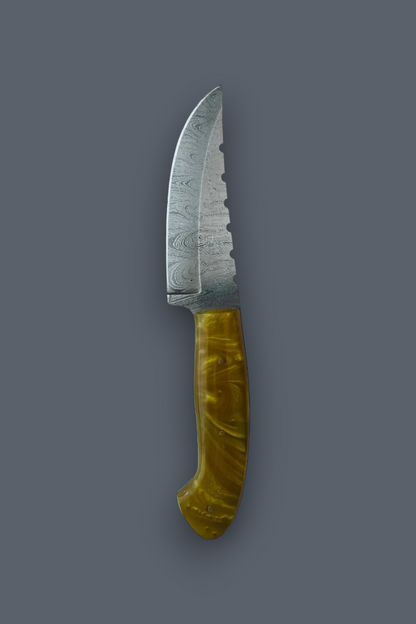 A custom knife with a patterned Damascus steel blade and a marbled amber-brown handle, shown vertically against a solid dark gray background.