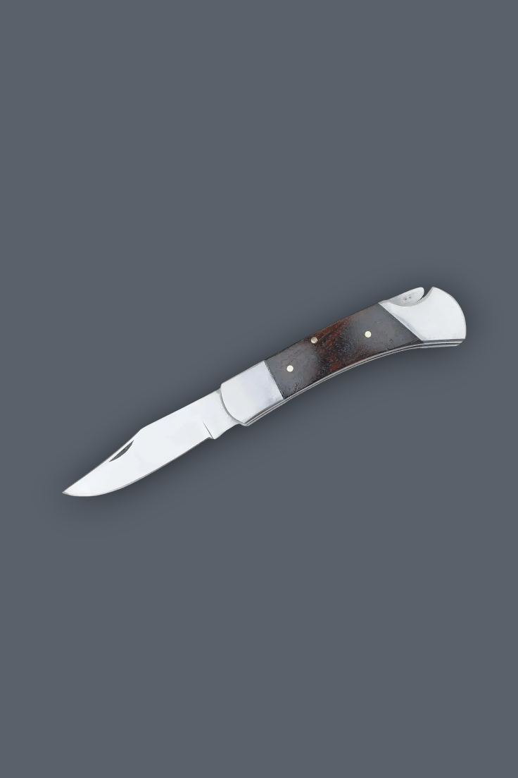 A folding pocket knife with a silver stainless steel blade and handle, featuring a dark brown wood inlay and brass pins, set against a solid dark gray background.