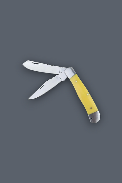 A classic folding pocket knife with a bright yellow handle and silver stainless steel blades, shown open against a solid dark gray background.