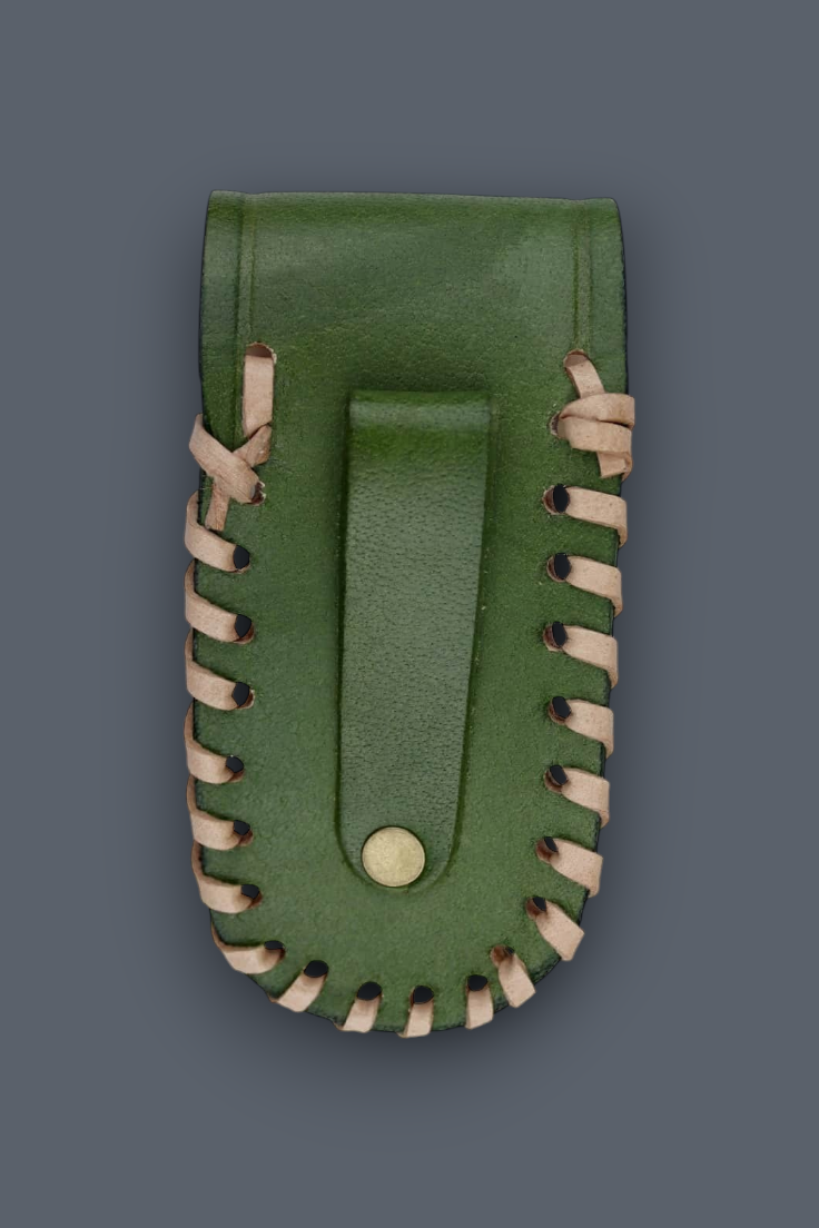 A green leather pouch with a central strap and decorative light tan stitching along the edges, shown against a dark gray background.