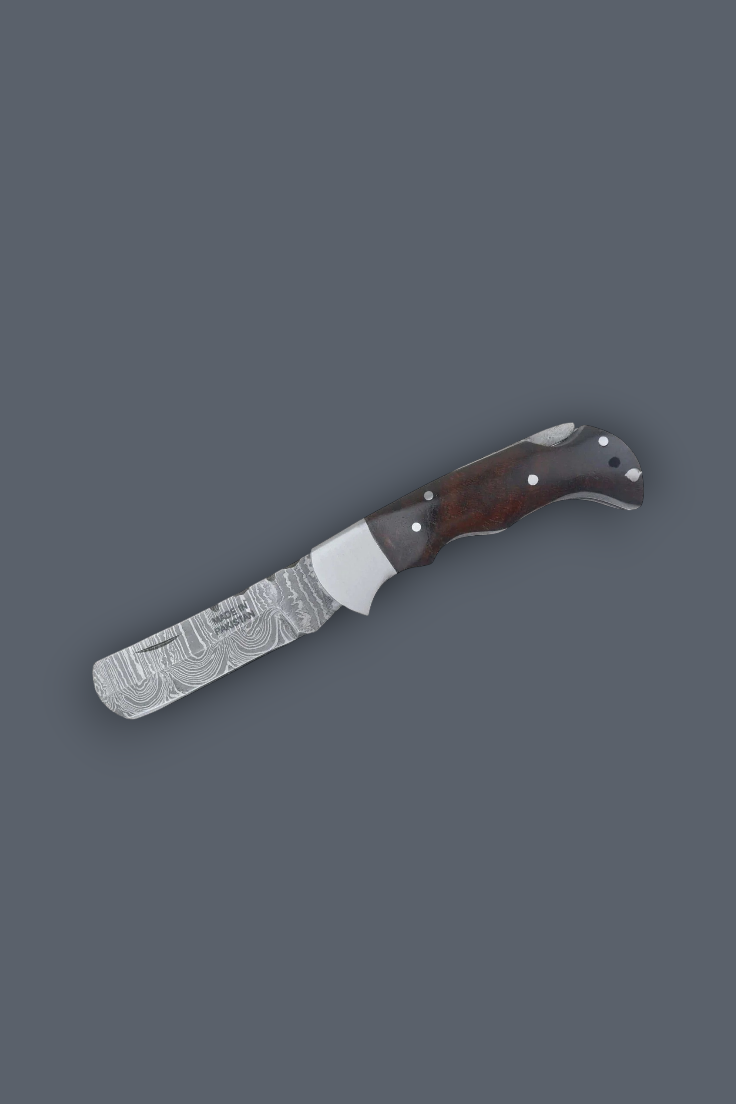 A fixed-blade knife with a patterned steel blade and a dark brown wooden handle, shown diagonally on a solid dark gray background.