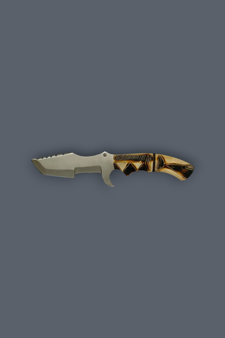 A fixed-blade knife with a silver-gray metal blade and a textured handle featuring black and tan wood-like patterns, shown against a solid dark gray background.