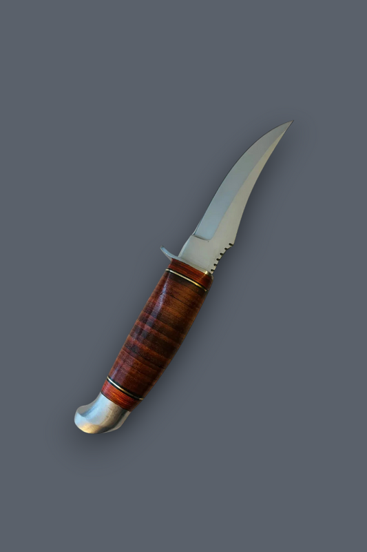 A fixed-blade knife with a curved silver blade and a reddish-brown wood-grain handle, shown diagonally on a solid dark gray background.