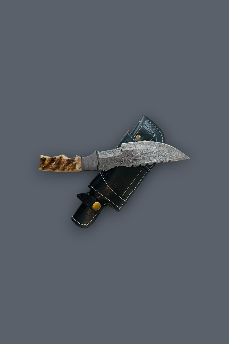 A fixed-blade knife with a textured silver blade and a brown patterned handle, shown alongside a black leather sheath on a solid dark gray background.