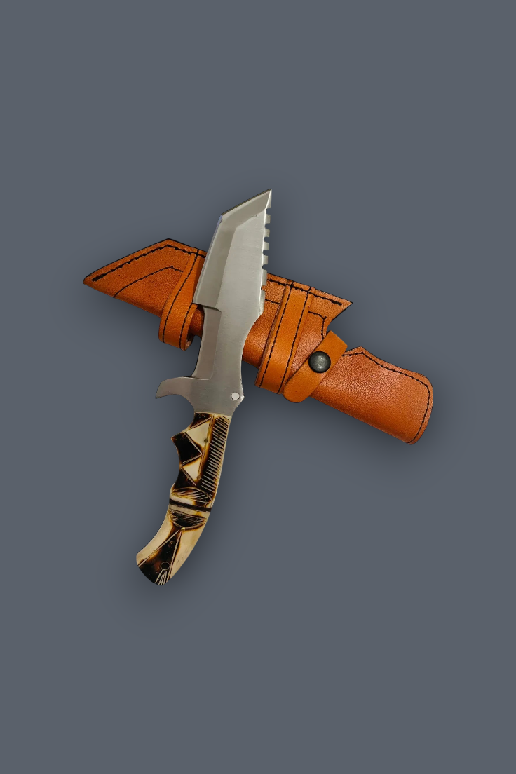 A fixed-blade knife with a silver blade and a black-and-cream patterned handle, shown partially inserted into an orange-brown leather sheath against a solid dark gray background.