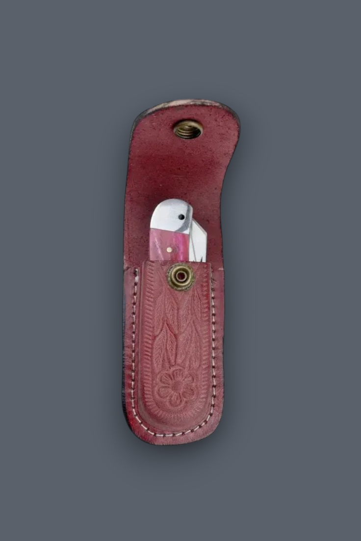 A small folding pocket knife with a white and pink handle, partially tucked into a reddish-brown leather sheath with brass snap buttons, shown against a solid dark gray background.
