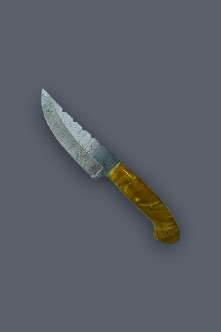 A fixed-blade knife with a textured silver steel blade and a marbled amber-yellow handle, shown diagonally on a solid dark gray background.