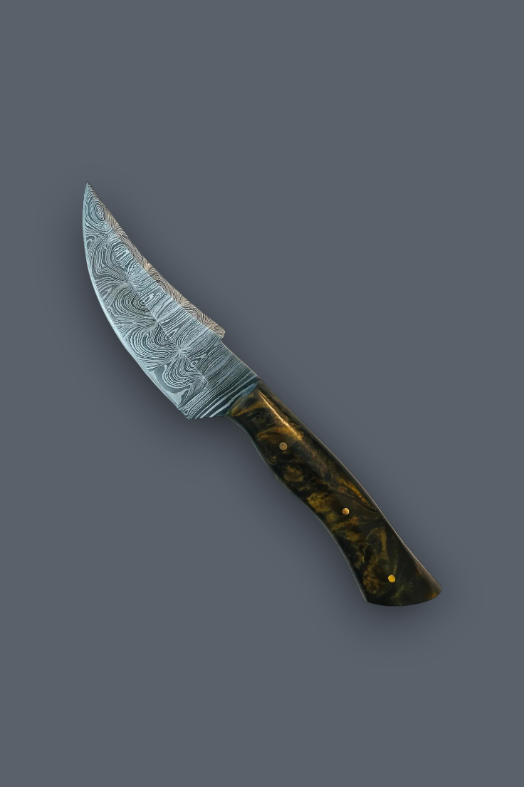 A custom fixed-blade knife with a patterned Damascus-style steel blade and a polished dark brown wood handle, shown diagonally on a solid dark gray background.