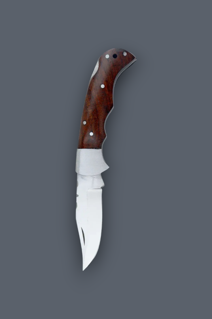 A fixed-blade knife with a polished silver blade and a reddish-brown wooden handle secured by silver pins, shown vertically against a solid dark gray background.