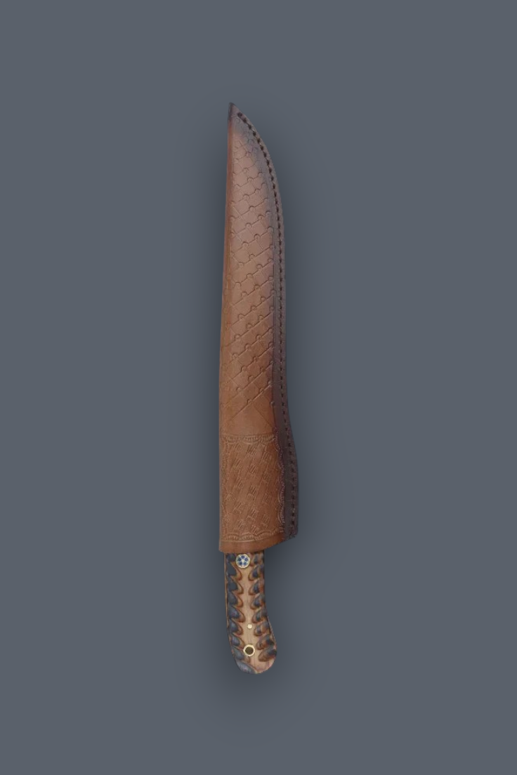 A fixed-blade knife with a textured brown leather sheath and a patterned copper-toned handle, shown vertically against a solid dark gray background.