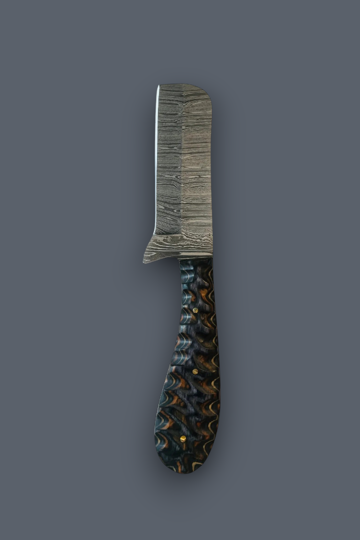 A handmade knife with a textured Damascus steel blade and a dark, marbled handle, shown vertically against a solid dark gray background.