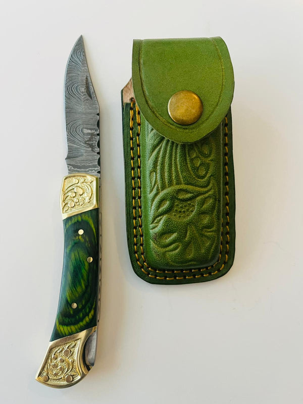 The Rambler - Classic Lockback Damascus Blade Folding Knife Wood Handle Genuine Leather Sheath | Multicolor Wood