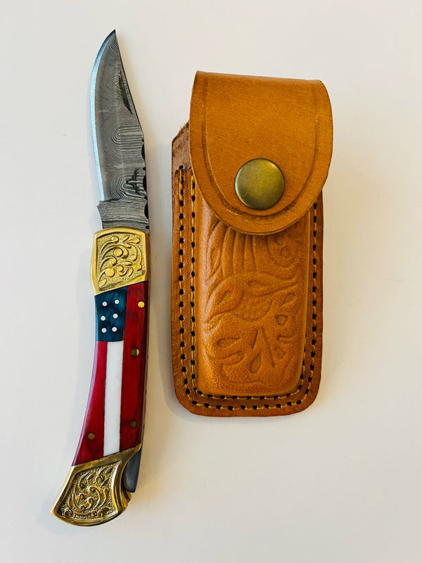 Patriotic Knife - 4-Inch Damascus Steel Blade Pocket Knife with Flower Brass Bolster and US Flag Handle