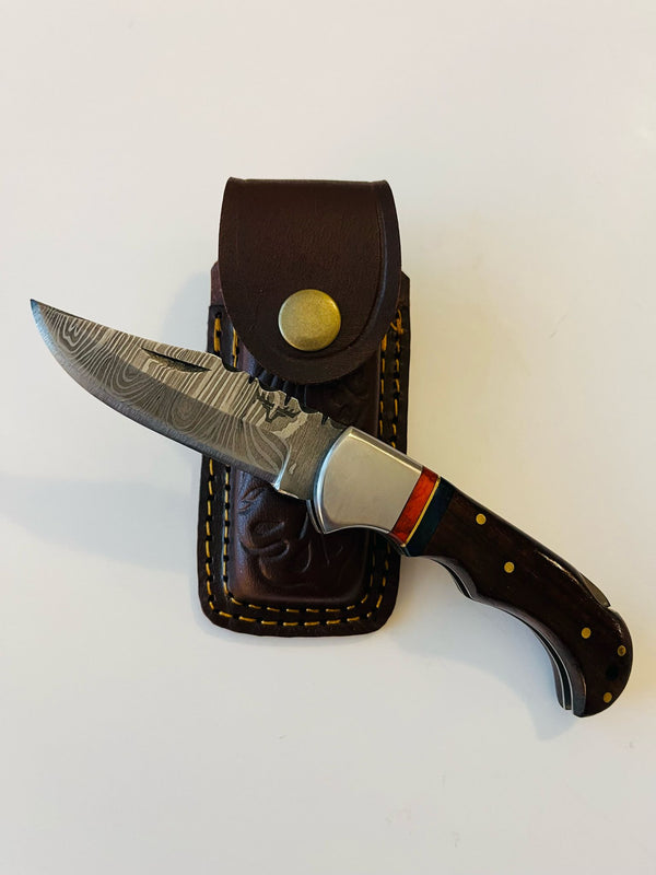 The Gentry Knife - Classic Lockback Damascus Blade Folding Knife Wood Handle With Premium Cowhide Leather Sheath