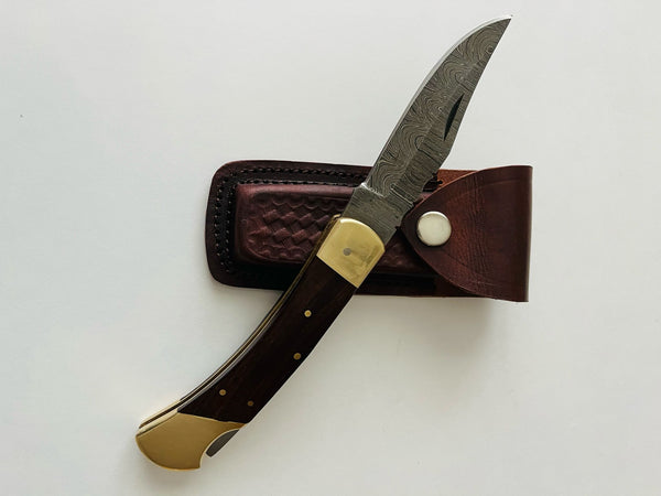 Old World Edge - Handcrafted Damascus Blade Folding Knife with Double Brass Bolster and Wood Handle