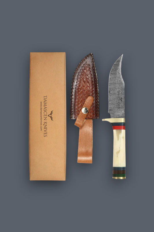 Damagen Knives fixed blade knife with a patterned steel blade, cream bone handle, and green and red stripes, displayed next to its brown leather sheath and tan cardboard packaging box on a dark gray background.