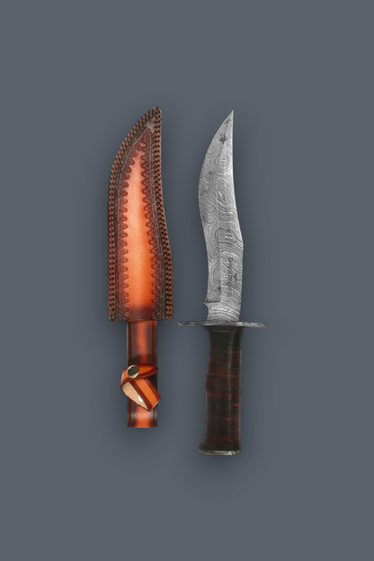 A fixed-blade knife with a patterned steel blade, dark brown handle, and a matching brown leather sheath, displayed side-by-side on a solid dark gray background.