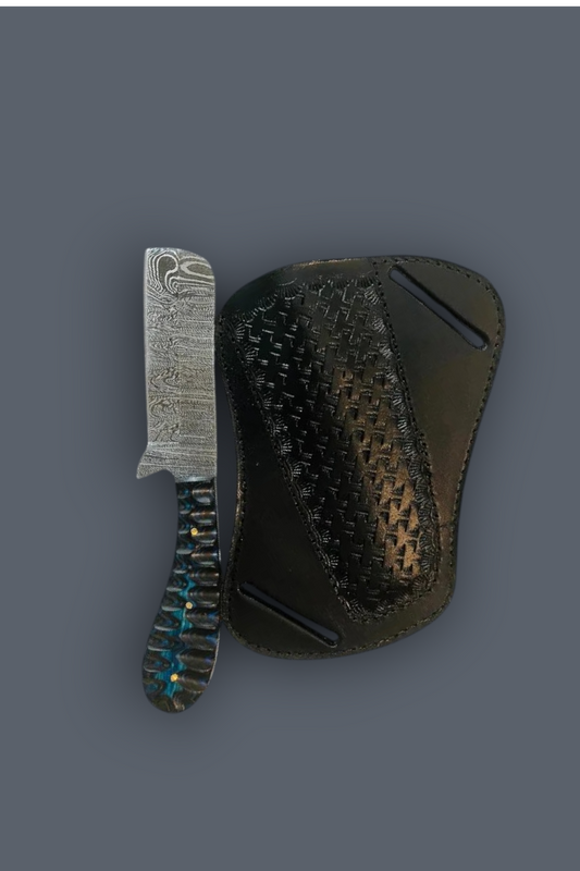 Razor Blade Damascus Knife with Blue Resin Handle