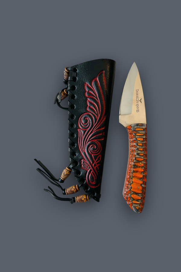 Orange Phantom fixed blade hunting knife with wood handle sheath
