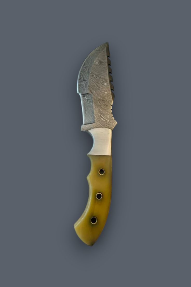 A fixed-blade knife with a textured silver steel blade and a curved olive-green handle, shown vertically against a solid dark gray background.