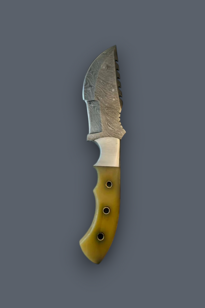 A fixed-blade knife with a textured silver steel blade and a curved olive-green handle, shown vertically against a solid dark gray background.