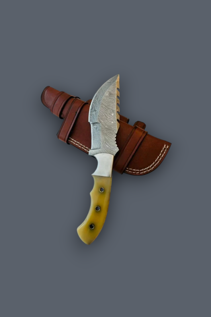 A fixed-blade knife with a patterned steel blade, a yellow-green handle, and a brown leather sheath, shown on a solid dark gray background.