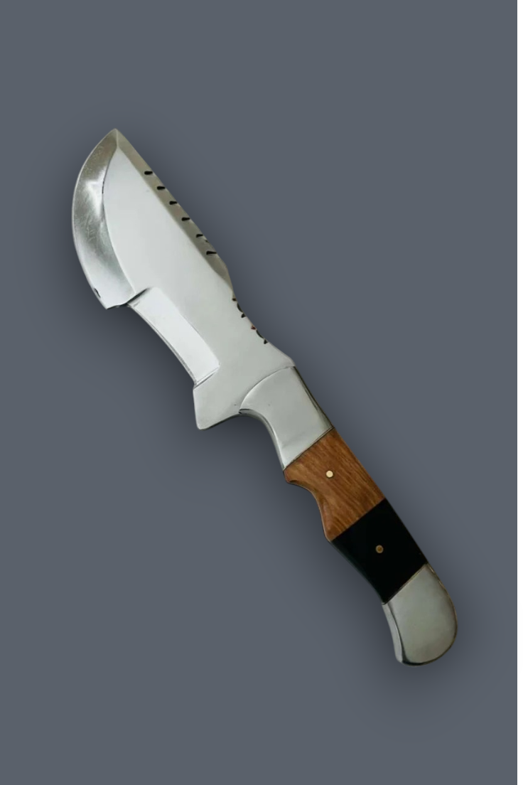 A fixed-blade knife with a silver steel blade, serrated back edge, and a handle made of brown wood, black inlay, and white end caps, shown on a solid dark gray background.