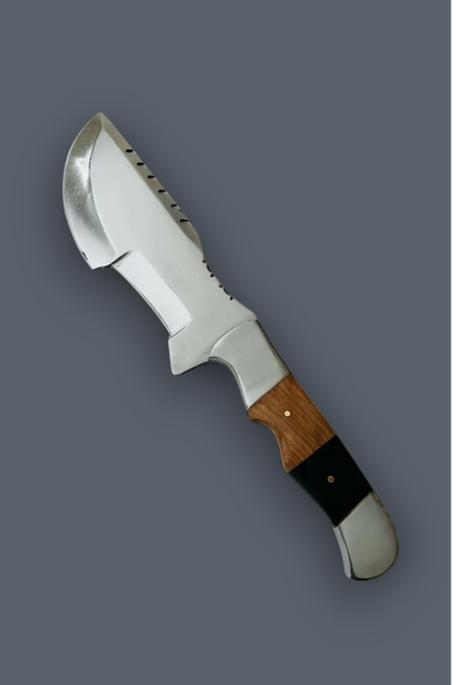 A fixed-blade knife with a silver steel blade, serrated back edge, and a handle made of brown wood, black inlay, and white end caps, shown on a solid dark gray background.