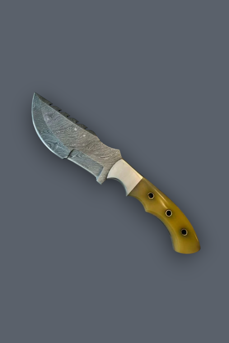 A fixed-blade knife with a patterned steel blade and a yellow-gold handle, shown diagonally on a solid dark gray background.