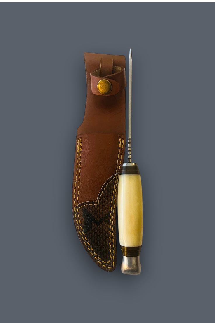 A fixed-blade knife with a polished silver blade, a cream-colored bone handle, and a brown leather sheath with gold-toned stitching, displayed against a solid dark gray background.