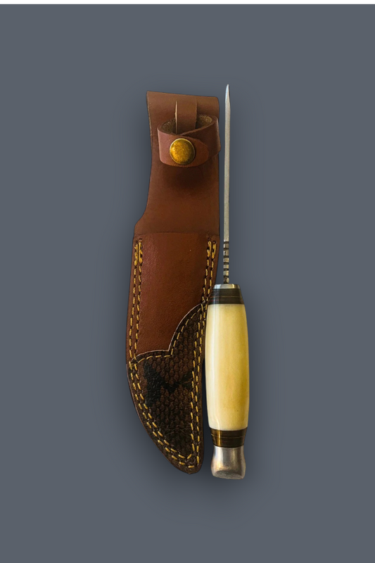 A fixed-blade knife with a polished silver blade, a cream-colored bone handle, and a brown leather sheath with gold-toned stitching, displayed against a solid dark gray background.